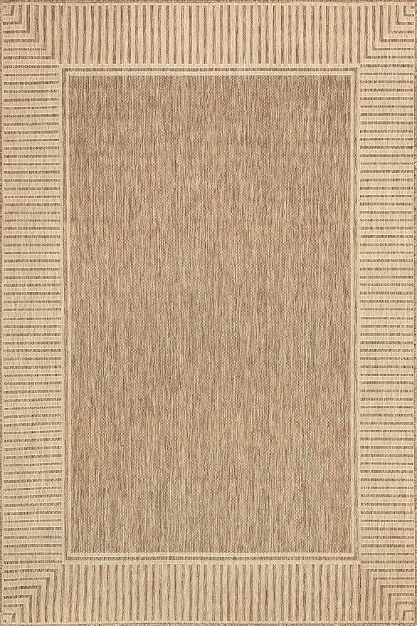 nuLOOM 4' Square Outdoor Area Rug, Casual Design with Striped Border, Stain Resistant, Highly Durable, for Patio, Balcony, Bedroom, Living Room, Dining Room, Bathroom, Light Brown