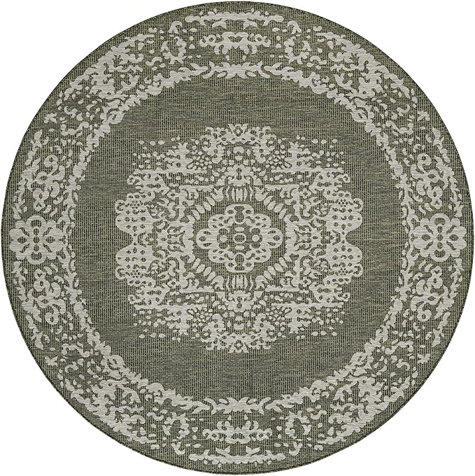 Unique Loom Outdoor Traditional Collection Area Rug - Timeworn (7' 10" Round Green/Ivory)