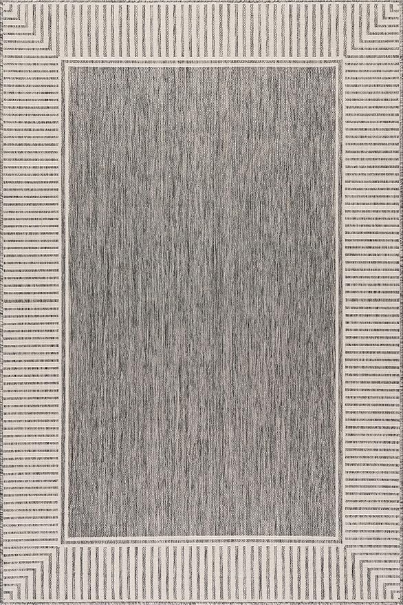 nuLOOM 4' x 6' Outdoor Area Rug, Casual Design with Striped Border, Stain Resistant, Highly Durable, for Patio, Balcony, Bedroom, Living Room, Dining Room, Bathroom, Steel