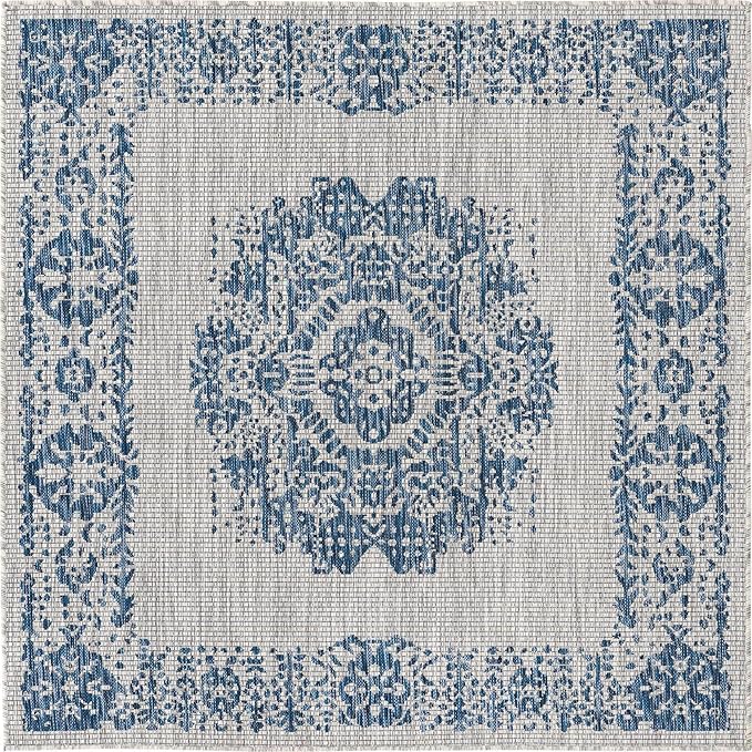 Unique Loom Outdoor Traditional Collection Area Rug - Timeworn (5' 3" Square, Blue/ Gray)