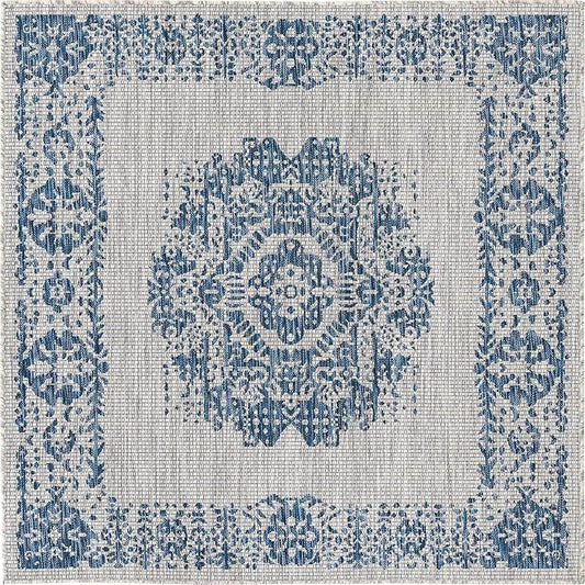 Unique Loom Outdoor Traditional Collection Area Rug - Timeworn (5' 3" Square, Blue/ Gray)