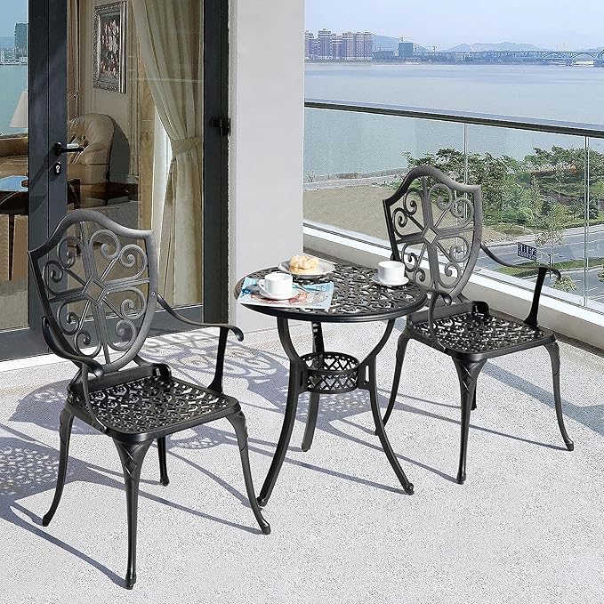 NUU GARDEN Bistro Set 3 Piece Outdoor, Cast Aluminum Patio Bistro Sets with Umbrella Hole, Bistro Table and Chairs Set of 2 for Patio Backyard