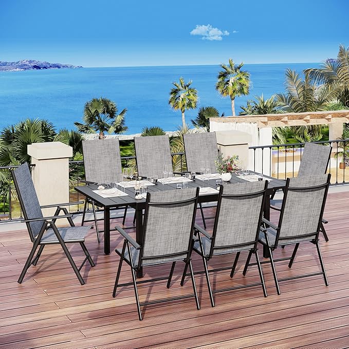 MFSTUDIO Patio Folding Chairs Set of 4, Outdoor Patio Dining Chairs, Portable Grey Sling Patio Chairs, 7 Levels Adjustable Sling Back Chairs for Backyard Lawn Garden