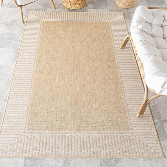 nuLOOM 4x6 Outdoor/Indoor Asha Area Rug, Tan, Casual Design with Striped Border, Stain Resistant, Highly Durable, for Patio, Balcony, Bedroom, Living Room, Dining Room, Bathroom