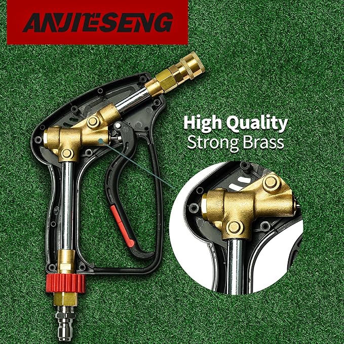 Short Pressure Washer Gun with 360 Swivel - 5000 PSI / 10.5 GPM High Pressure Water Handle with 3/8" Male Plug and 1/4" Quick Connector Coupler - Ideal Power Car Wash Foam Gun (brass)