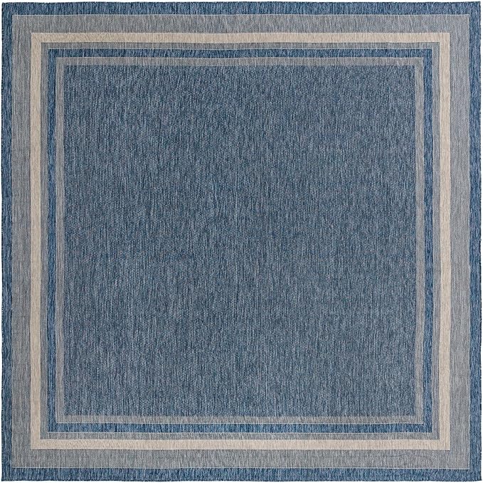 Unique Loom Outdoor Border Collection Area Rug - Soft Border (13' Square, Blue/ Ivory)