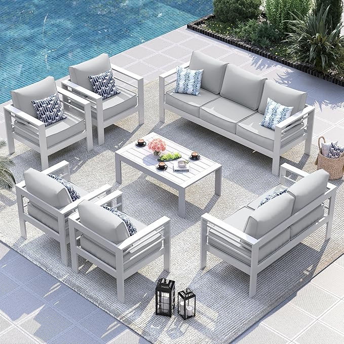 UDPATIO 10 Piece Aluminum Patio Furniture Set, Oversized Modern Outdoor Furniture Set with Olefin Fabric Cushion for Patio Deck Backyard, White (with Waterproof Covers)