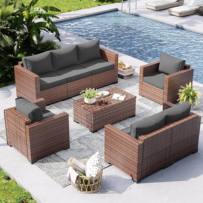 UDPATIO Outdoor Patio Furniture Set 5 Piece Wide Armrest Rattan Patio Sofa Sets w/Storage Table and Waterproof Covers for Poolside Deck Backyard, Grey