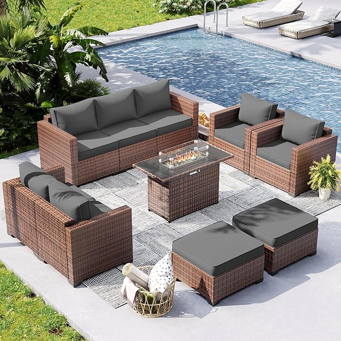 UDPATIO Patio Furniture Set with Fire Pit Table, 7 Pieces Outdoor Furniture Sets, Wicker Rattan Patio Conversation Sets with Ottoman and Waterproof Covers for Porch Deck Backyard, Grey