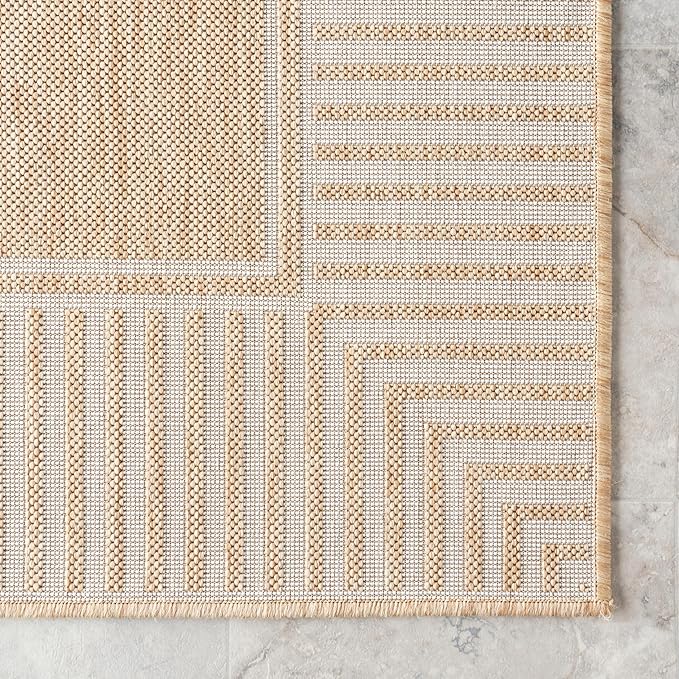 nuLOOM 10x14 Outdoor/Indoor Asha Area Rug, Tan, Casual Design with Striped Border, Stain Resistant, Highly Durable, for Patio, Balcony, Bedroom, Living Room, Dining Room, Bathroom
