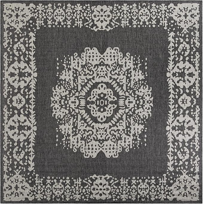 Unique Loom Outdoor Traditional Collection Area Rug - Timeworn (10' Square Charcoal Gray/Gray)