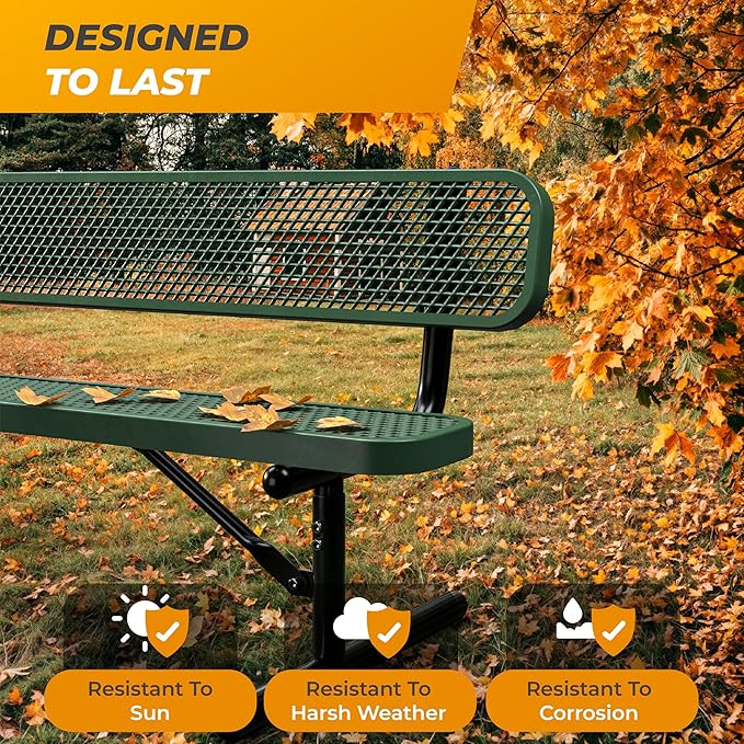 Heavy-Duty Outdoor Metal Bench, Thermoplastic-Coated, Portable, Weatherproof, Commercial-Grade for Parks, Gardens, Patios, Stores & More (6 Ft - Portable with Back, Green)