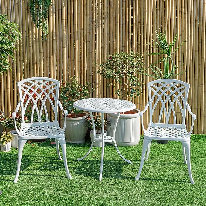 3 Piece Patio Bistro Set, Outdoor Cast Aluminum Bistro Table and Chairs Set of 2 with Umbrella Hole, All Weather Resistance Metal Bistro Table for Front Porch Set,White