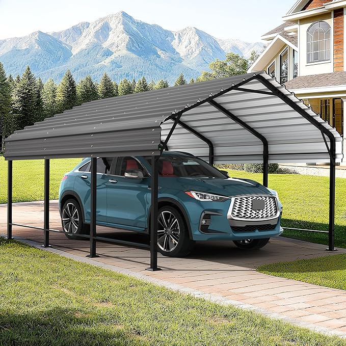 JAMFLY Carport, Heavy Duty Carport Canopy with Galvanized Steel Roof and Frame, Metal Car Garage Upgraded Extra Large Garage for Pickup, Boat, Car and Tractors