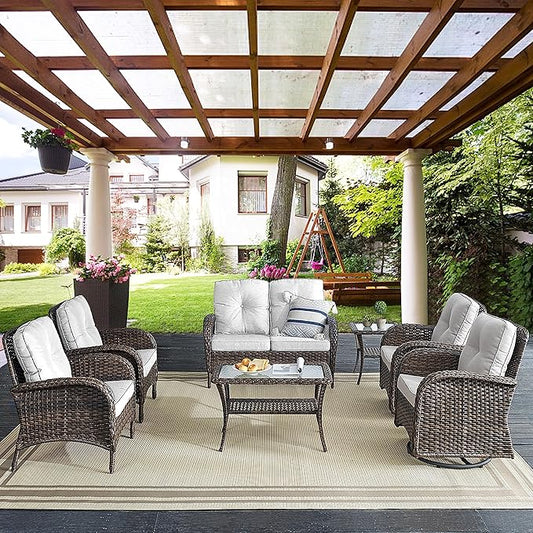 Belord 7 Piece Outdoor Patio Wicker Furniture Sets with Swivel Rocker Chairs, Rattan Loveseat Conversation Sets for Patio Deck Backyard Poolside, Beige Cushion