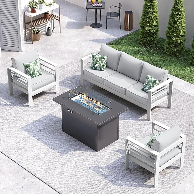 UDPATIO 8 Piece Aluminum Patio Furniture Set with Aluminum Fire Pit Table,Mordern Outdoor Furniture Set with Water-Proof Cover Included, White