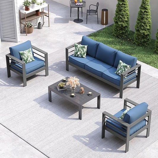 UDPATIO 6 Piece Aluminum Patio Furniture Set, Oversized Modern Outdoor Furniture Set with Olefin Fabric Cushion for Patio Deck Backyard, Dark Grey/Navy(with Waterproof Covers)