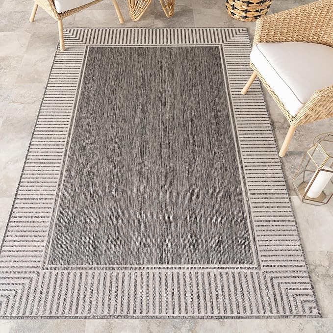 nuLOOM 6' 7" x 9' Outdoor Area Rug, Casual Design with Striped Border, Stain Resistant, Highly Durable, for Patio, Balcony, Bedroom, Living Room, Dining Room, Bathroom, Steel