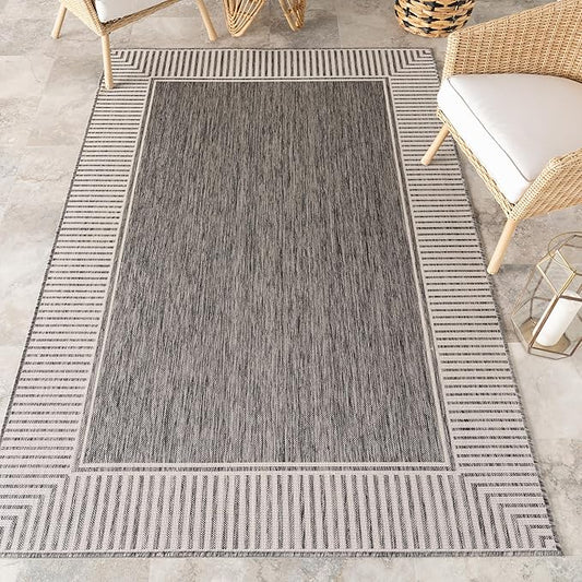 nuLOOM 9'6" x 12' Outdoor Area Rug, Casual Design with Striped Border, Stain Resistant, Highly Durable, for Patio, Balcony, Bedroom, Living Room, Dining Room, Bathroom, Steel