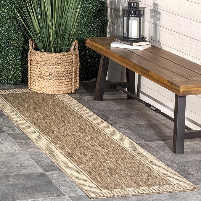 nuLOOM 5' x 8' Outdoor Area Rug, Casual Design With Striped Border, Stain Resistant, Highly Durable, For Patio, Balcony, Bedroom, Living Room, Dining Room, Bathroom, Light Brown