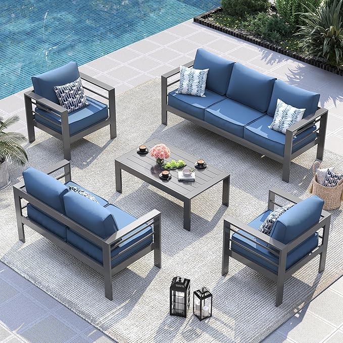 UDPATIO 8 Piece Aluminum Patio Furniture Set, Oversized Modern Outdoor Furniture Set with Olefin Fabric Cushion for Patio Deck Backyard, Dark Grey/Navy(with Waterproof Covers)
