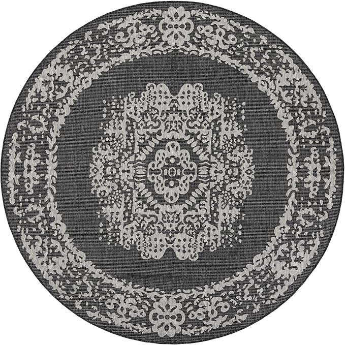 Unique Loom Outdoor Traditional Collection Area Rug - Timeworn (7' 10" Round Charcoal Gray/Gray)