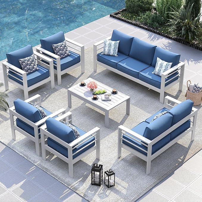 UDPATIO 10 Piece Aluminum Patio Furniture Set, Oversized Modern Outdoor Furniture Set with Olefin Fabric Cushion for Patio Deck Backyard, White/Navy(with Waterproof Covers)