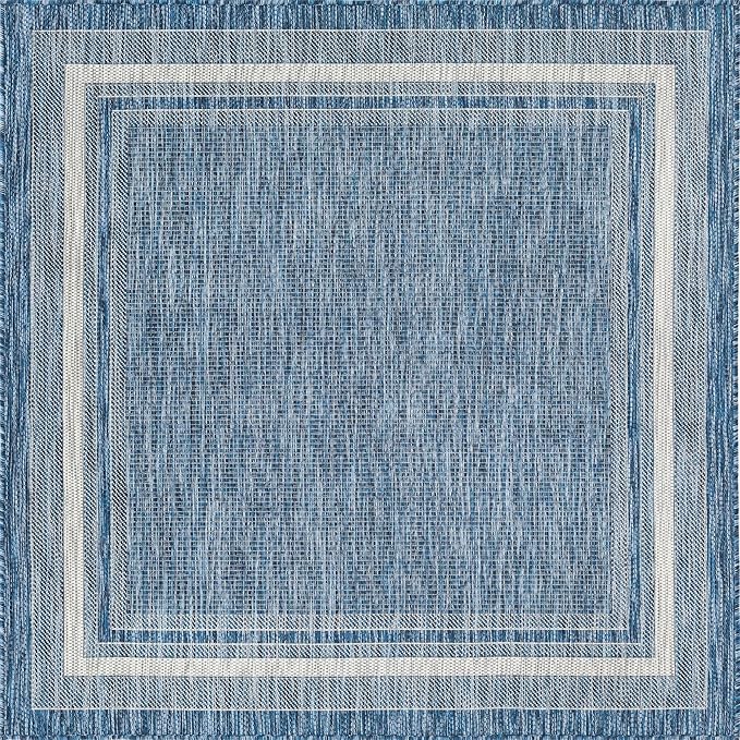 Unique Loom Outdoor Border Collection Area Rug - Soft Border (5' 3" Square, Blue/ Ivory)