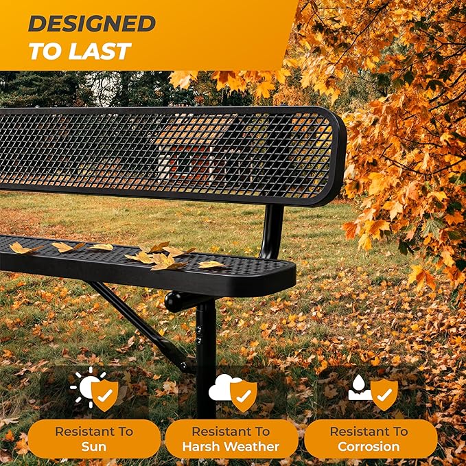 Heavy-Duty Outdoor Metal Bench, Thermoplastic-Coated, Surface, Weatherproof, Commercial-Grade for Parks, Gardens, Patios, Stores & More (6 Ft - Surface with Back, Black)