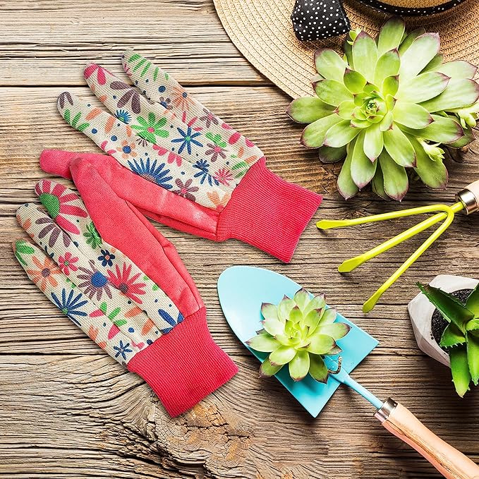 Floral Gardening Gloves for Women, 9 Inch. 6 Pairs Cotton Work Gloves with Knit Wrist. Gardening Gifts for Women