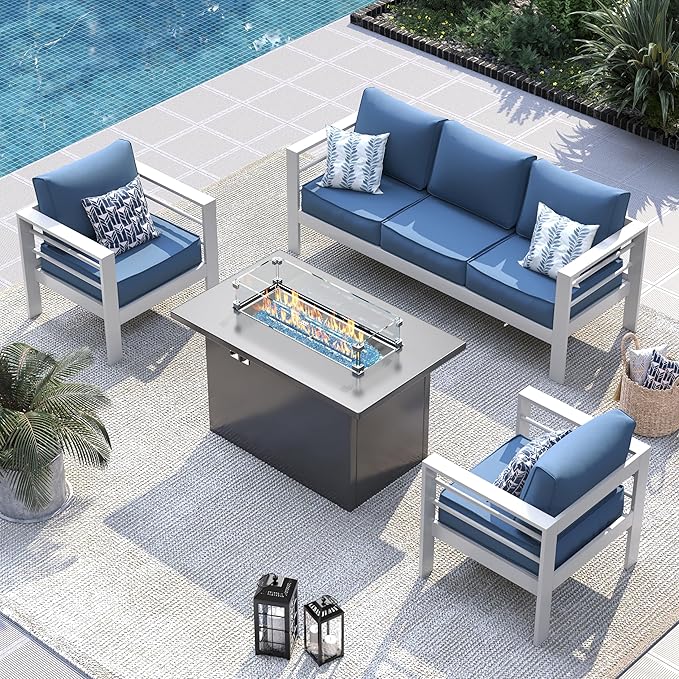 UDPATIO 8 Piece Aluminum Patio Furniture Set with Aluminum Fire Pit Table,Mordern Outdoor Furniture Set with Water-Proof Cover Included, White/Navy