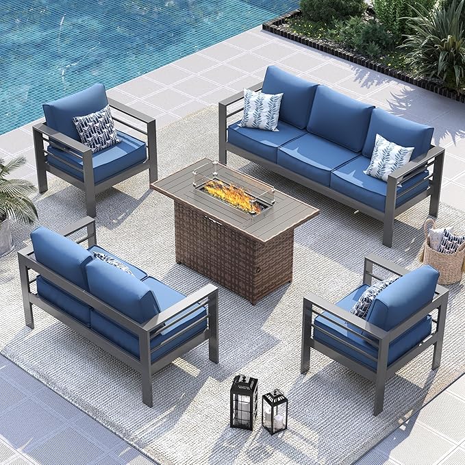 UDPATIO 8 Piece Aluminum Patio Furniture Set with Wicker Fire Pit Table,Mordern Outdoor Furniture Set with Water-Proof Cover Included, Dark Grey/Navy