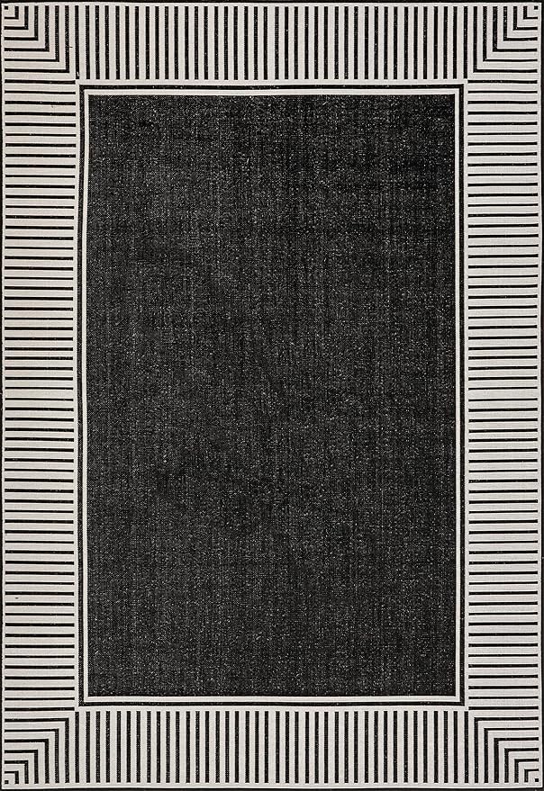 nuLOOM 5' x 8' Outdoor Area Rug, Casual Design With Striped Border, Stain Resistant, Highly Durable, For Patio, Balcony, Bedroom, Living Room, Dining Room, Bathroom, Black