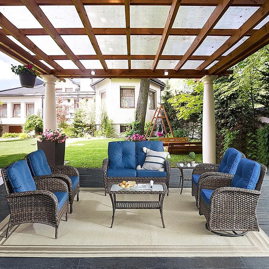 Belord 7 Piece Outdoor Patio Wicker Furniture Sets with Swivel Rocker Chairs, Rattan Loveseat Conversation Sets for Patio Deck Backyard Poolside, Blue Cushion