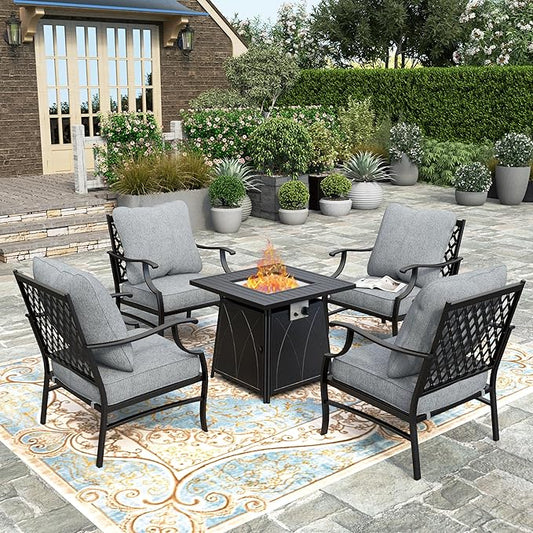 HERA'S HOUSE 5 Pieces Patio Furniture Set with Fire Pit Table, 4 x Thick Cushioned Chairs, 1 x Fire Pit Table (50,000 BTU), All Weather Outdoor Conversation Set for Garden, Backyard, Lawn, Grey