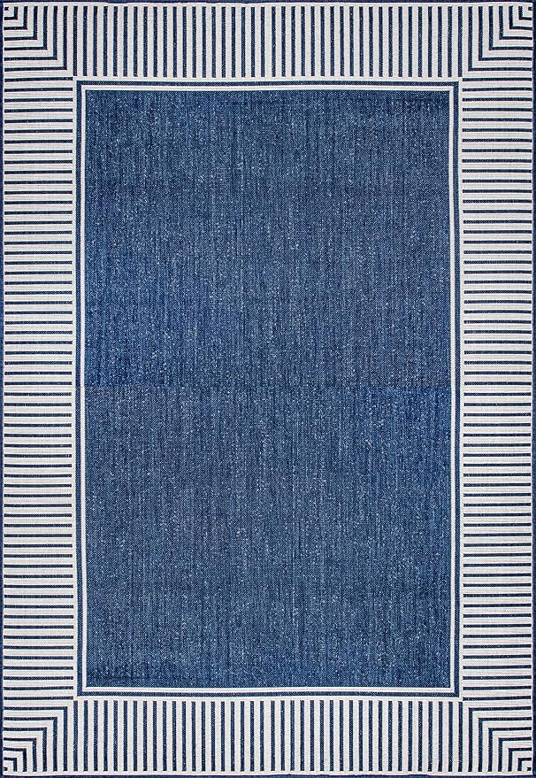 nuLOOM 3'6" x 5' Outdoor Area Rug, Casual Design With Striped Border, Stain Resistant, Highly Durable, For Patio, Balcony, Bedroom, Living Room, Dining Room, Bathroom, Navy