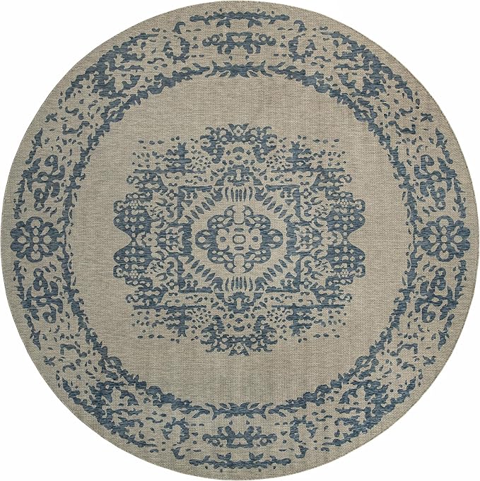 Unique Loom Outdoor Traditional Collection Area Rug - Timeworn (10' 8" Round Blue/Gray)