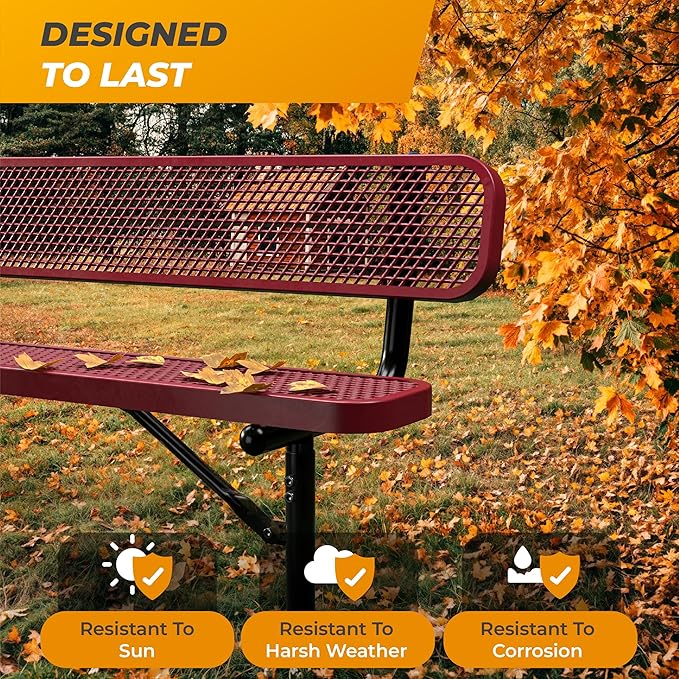 Heavy-Duty Outdoor Metal Bench, Thermoplastic-Coated, Surface, Weatherproof, Commercial-Grade for Parks, Gardens, Patios, Stores & More (8 Ft - Surface with Back, Red)