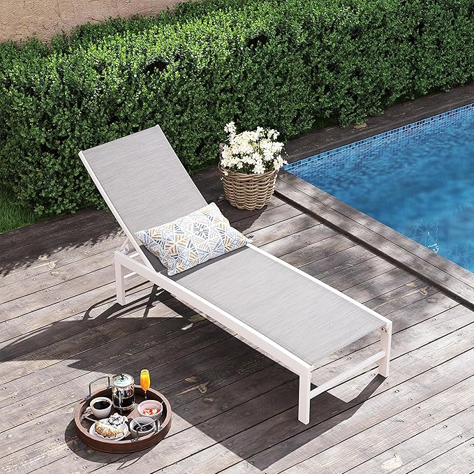 Patio Aluminum Chaise Lounge Chair, Outdoor Recliner Lounge Chair Sun Loungers, All Weather Chaise with 5 Adjustable Backrest and Lay Flat Positions for Garden, Balcony, Pool