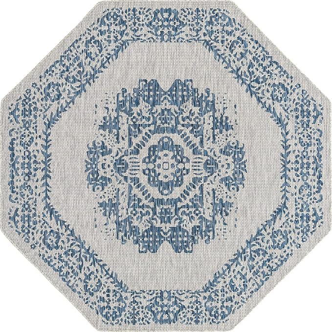 Unique Loom Outdoor Traditional Collection Area Rug - Timeworn (7' 10" Octagon, Blue/ Gray)