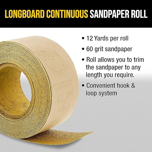 Dura-Gold Premium - 60 Grit Gold - Hook & Loop Backing Longboard Continuous Sandpaper Roll, 2-3/4" Wide, 12 Yards Long - For Automotive & Woodworking Air File Long Board Sanders, Hand Sanding Blocks