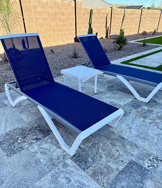 PURPLE LEAF Patio Chaise Lounge Chair Set of 3 Outside Aluminum Plastic Stackable Tanning Chairs for Pool Sunbathing Beach Deck Outdoor Lounger, Dark Blue