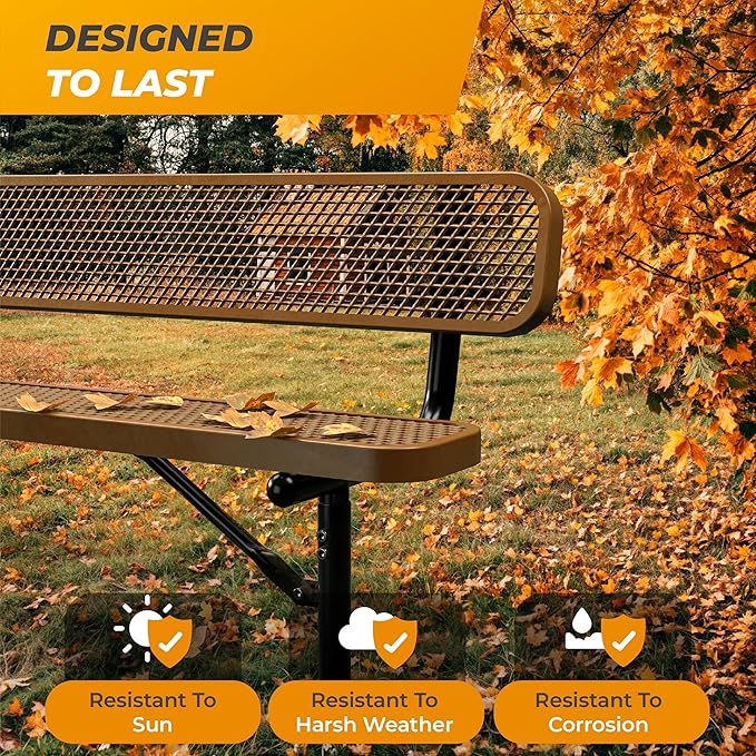 Heavy-Duty Outdoor Metal Bench, Thermoplastic-Coated, Inground, Weatherproof, Commercial-Grade for Parks, Gardens, Patios, Stores & More (8 Ft - Inground with Back, Brown)
