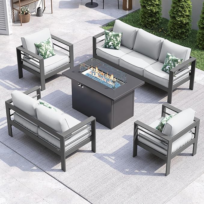 UDPATIO 6 Piece Aluminum Patio Furniture Set with Aluminum Fire Pit Table,Mordern Outdoor Furniture Set with Water-Proof Cover Included, Grey