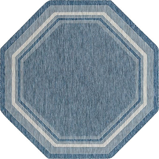 Unique Loom Outdoor Border Collection Area Rug - Soft Border (7' 10" Octagon, Blue/ Ivory)