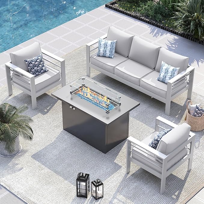 UDPATIO 8 Piece Aluminum Patio Furniture Set with Aluminum Fire Pit Table,Mordern Outdoor Furniture Set with Water-Proof Cover Included, White