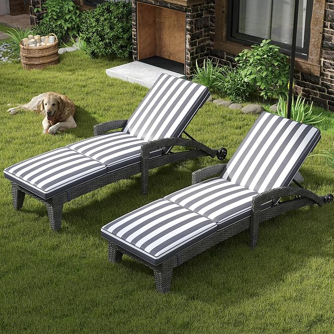Patio Chaise Lounger Set of 2, Outdoor Lounger Patio Chairs, Heavy Duty Lounge Chairs Outdoor, Chaise Lounges for Resort, Backyard, Deck, Poolside, Garden, Grey Stripe