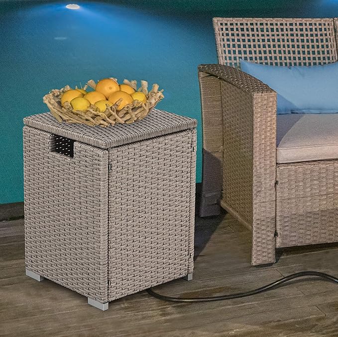 COSIEST Outdoor Hideaway Wicker Grey Tank Table for Gas Fire Pits, Hides Standard 20 Gallon 16-inch Propane Tank Cover