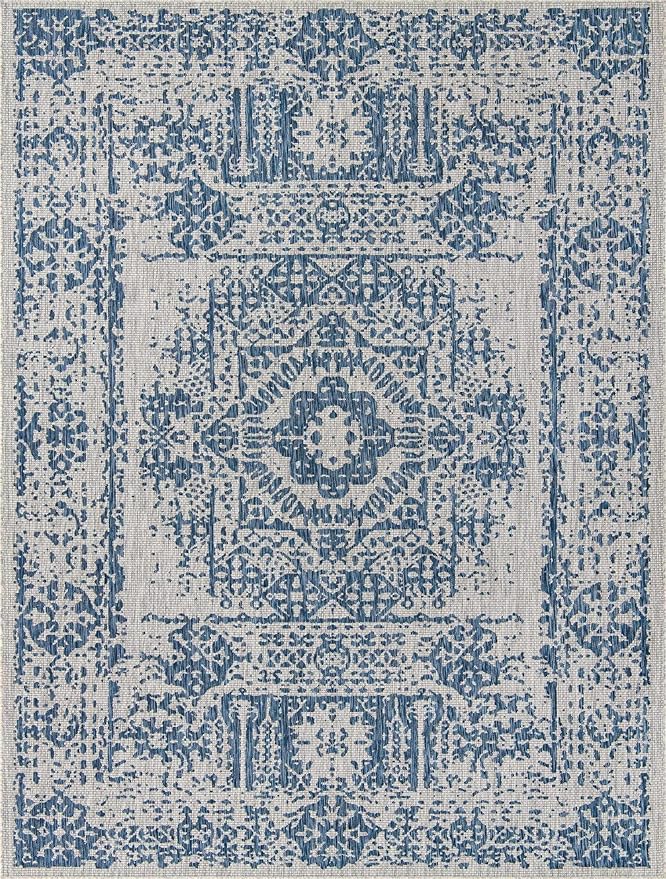 Unique Loom Outdoor Traditional Collection Area Rug - Timeworn (10' x 13' 1" Rectangle, Blue/ Gray)