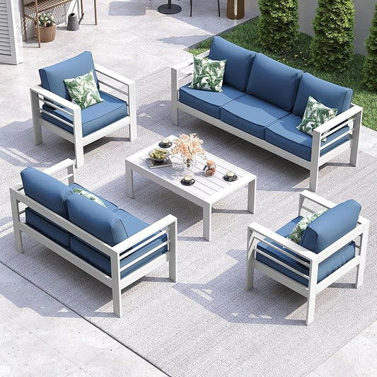 UDPATIO 8 Piece Aluminum Patio Furniture Set, Oversized Modern Outdoor Furniture Set with Olefin Fabric Cushion for Patio Deck Backyard, White/Navy(with Waterproof Covers)